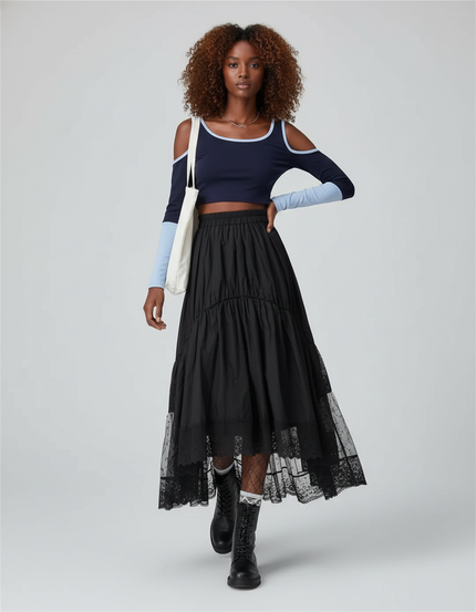 Jupe Plissée noire dentelle fluide