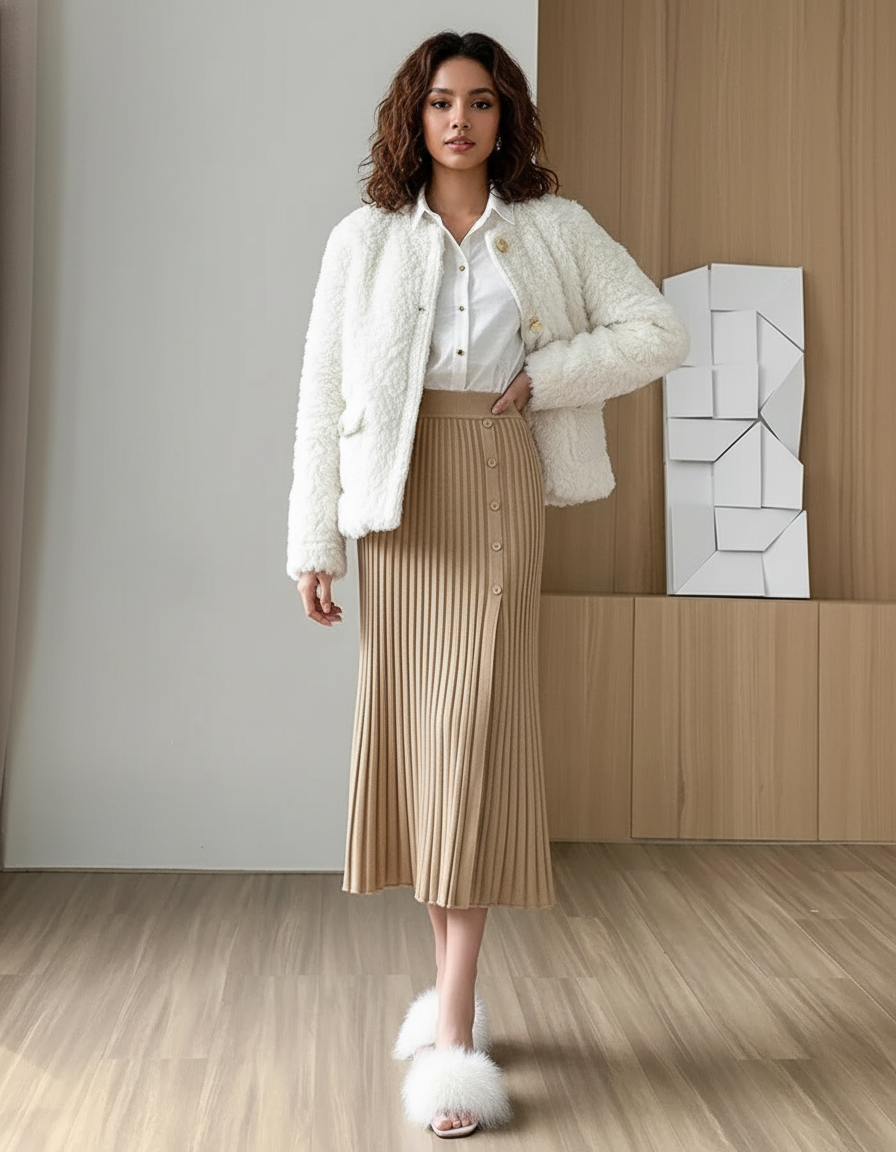 Jupe Plissée Beige Maille Élégante raffinée