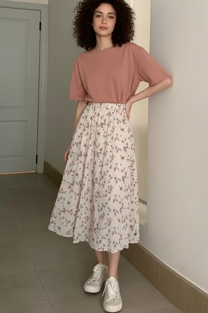 Jupe Plissée crème fleurie fluide
