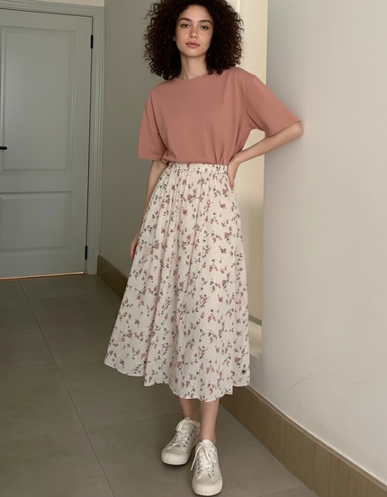 Jupe Plissée crème fleurie fluide