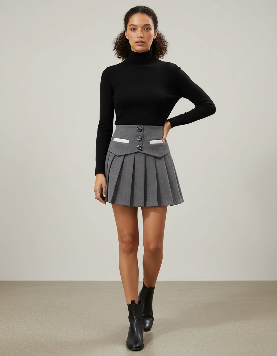 Jupe Plissée grise boutonnée chic