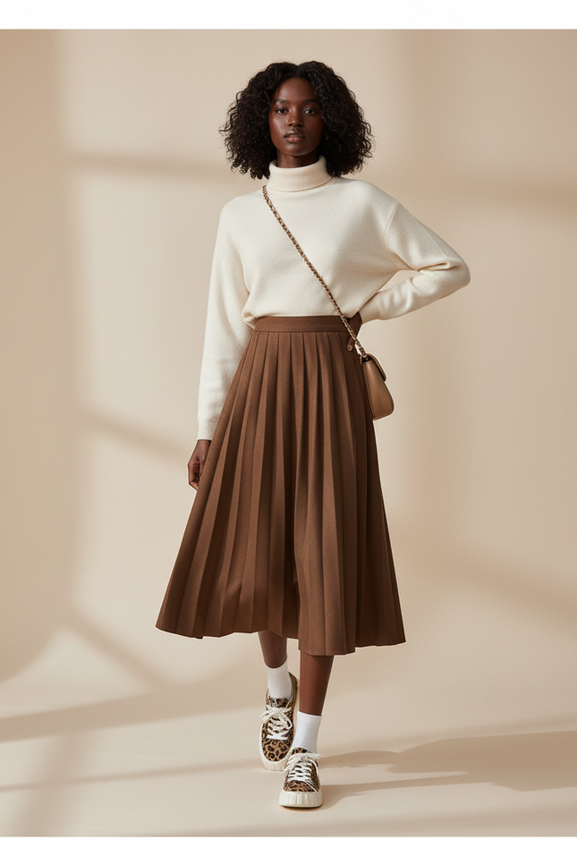 Jupe Plissée Marron Taille Haute Chic