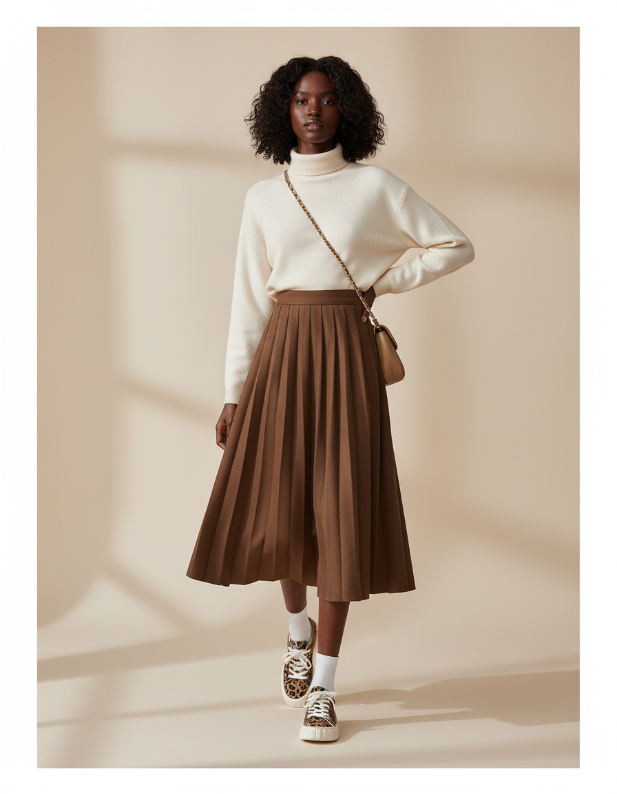 Jupe Plissée Marron Taille Haute Chic