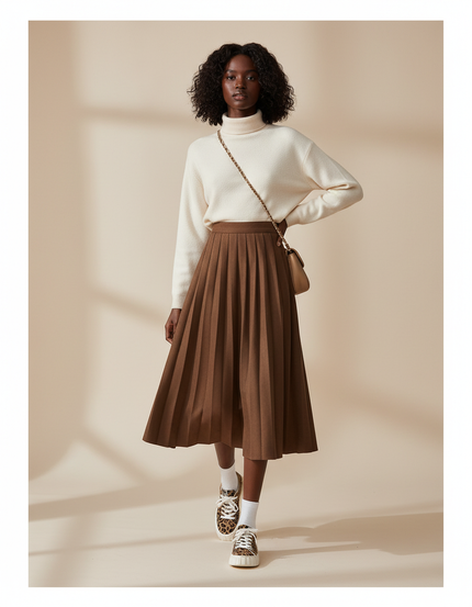 Jupe Plissée Marron Taille Haute Chic