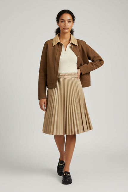 Jupe Plissée Sable Simili-Cuir Chic