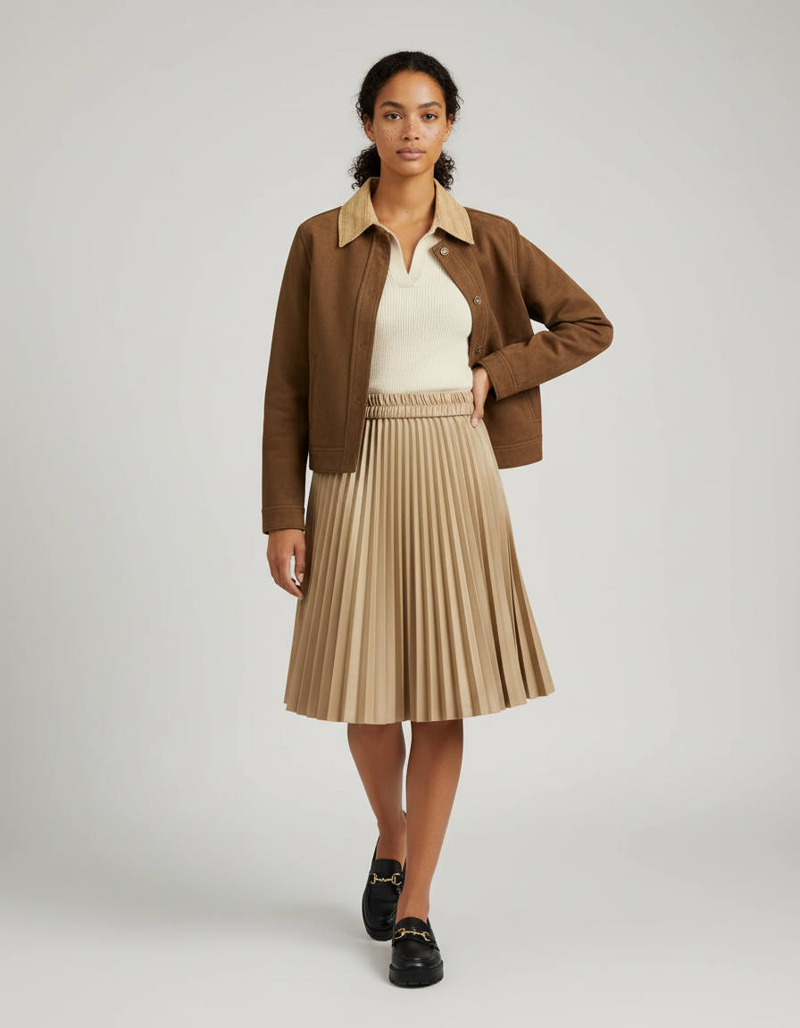 Jupe Plissée Sable Simili-Cuir Chic