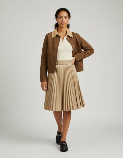 Jupe Plissée Sable Simili-Cuir Chic