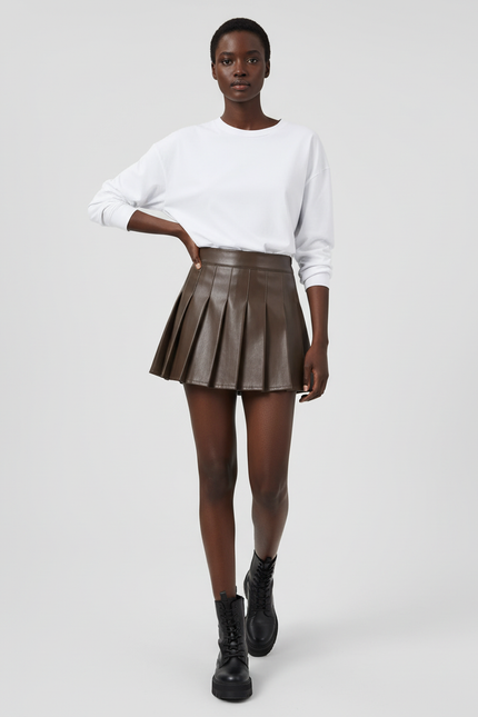 Jupe Plissée Marron Simili Cuir Chic raffinée