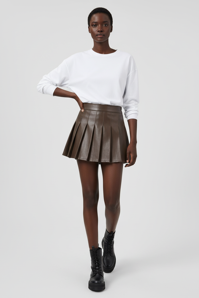 Jupe Plissée Marron Simili Cuir Chic raffinée