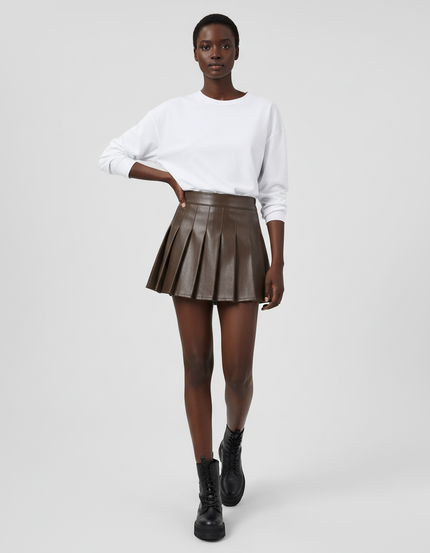 Jupe Plissée Marron Simili Cuir Chic raffinée
