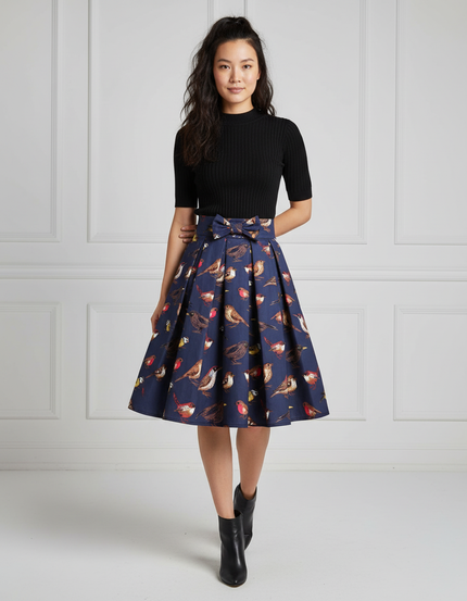Jupe Plissée Bleu Marine Motif Oiseaux Chic