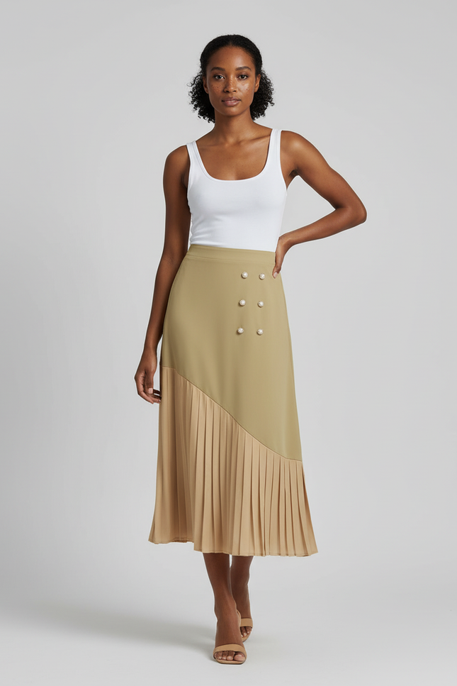 Jupe Plissée Kaki Patchwork Élégante