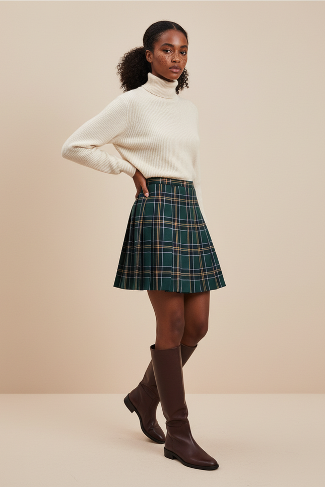 Jupe Plissée Tartan Verte Chic