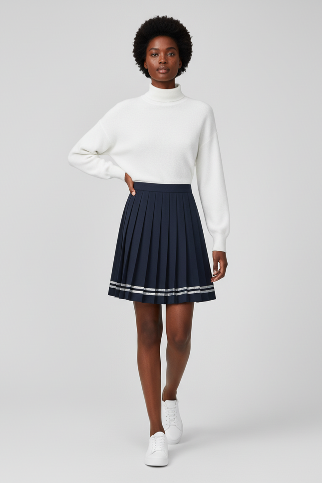 Jupe Plissée bleue marine rayures argentées chic
