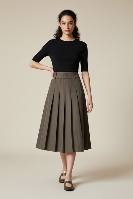 Jupe Plissée kaki midi chic