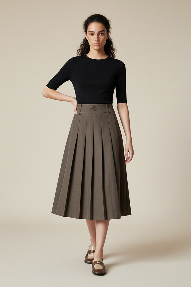 Jupe Plissée kaki midi chic