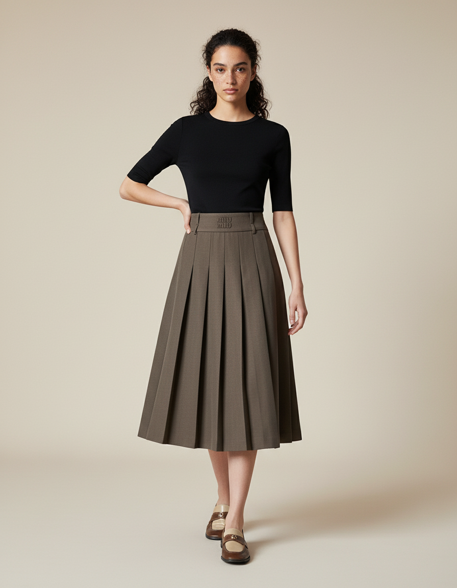 Jupe Plissée kaki midi chic