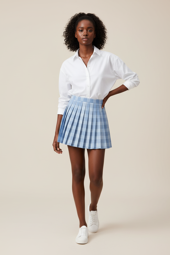 Jupe Plissée bleue à carreaux mini coréenne