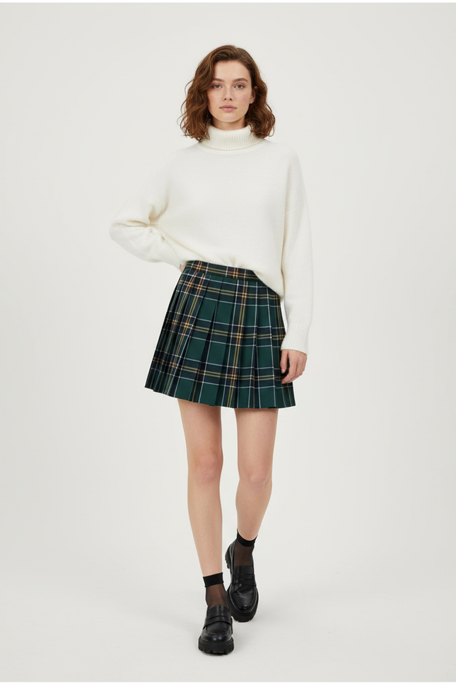 Jupe Plissée verte à carreaux chic raffinée