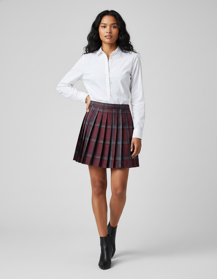 Jupe Plissée Carreaux Bordeaux Chic