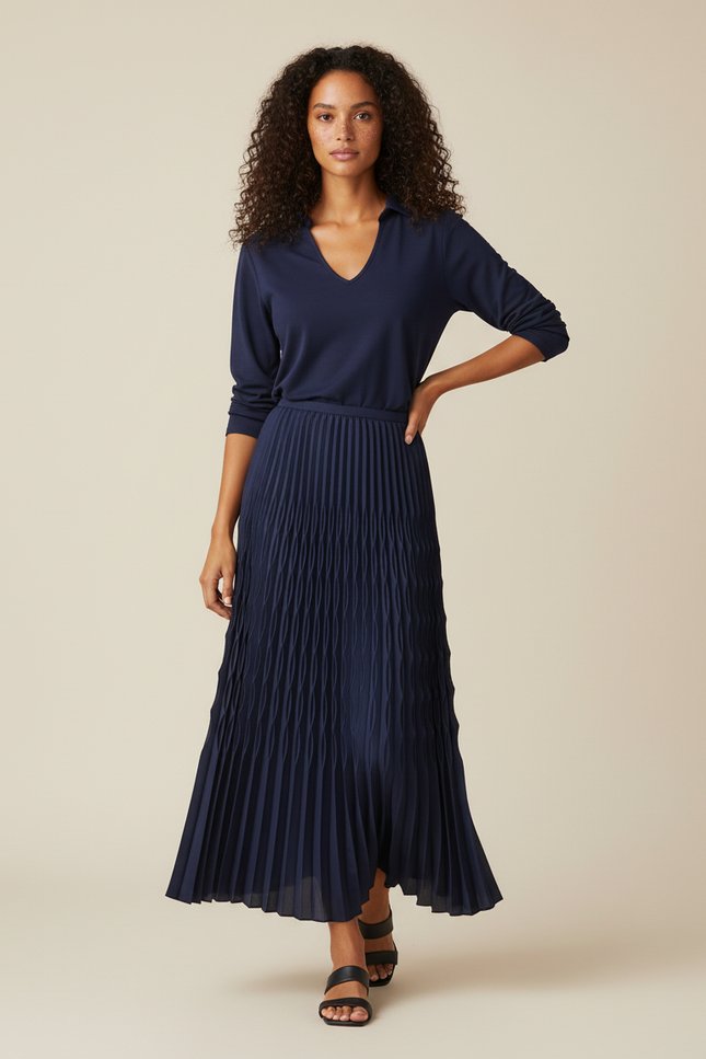 jupe plissée longue bleu marine
