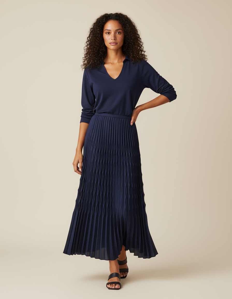 jupe plissée longue bleu marine