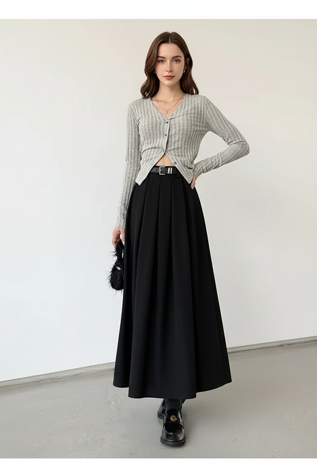 jupe longue plissée noire grande taille