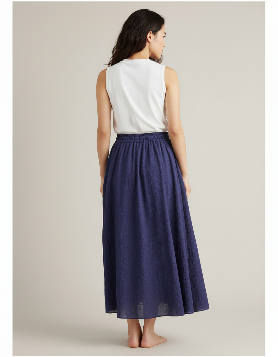 Jupe Plissée longue bleue marine fluide