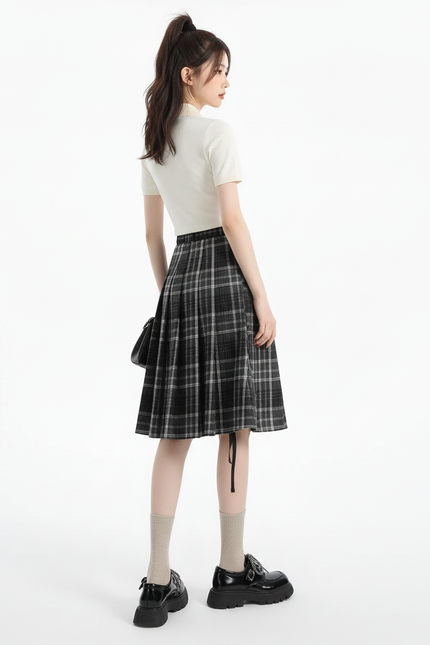 Jupe Plissée Carreaux Taille Haute Preppy