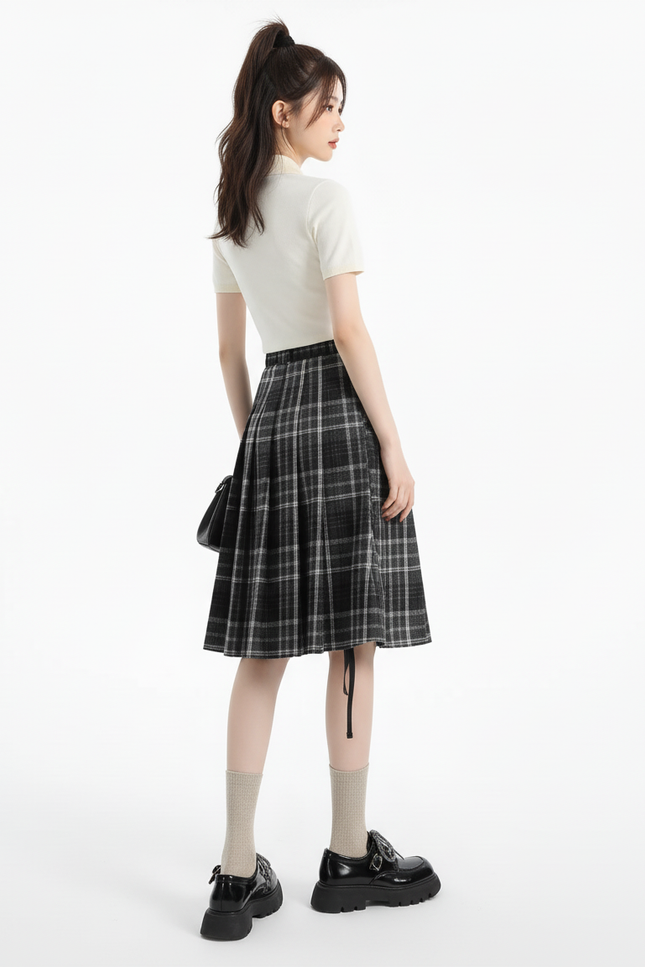 Jupe Plissée Carreaux Taille Haute Preppy