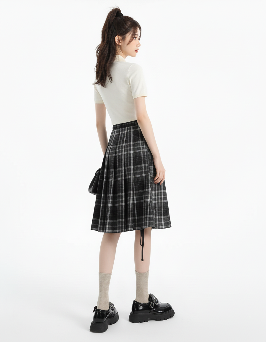 Jupe Plissée Carreaux Taille Haute Preppy