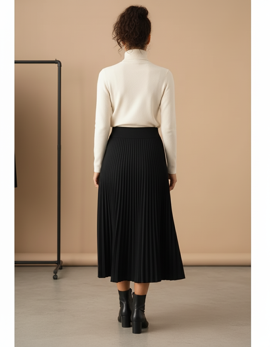 Jupe Plissée noire chic mi-longue