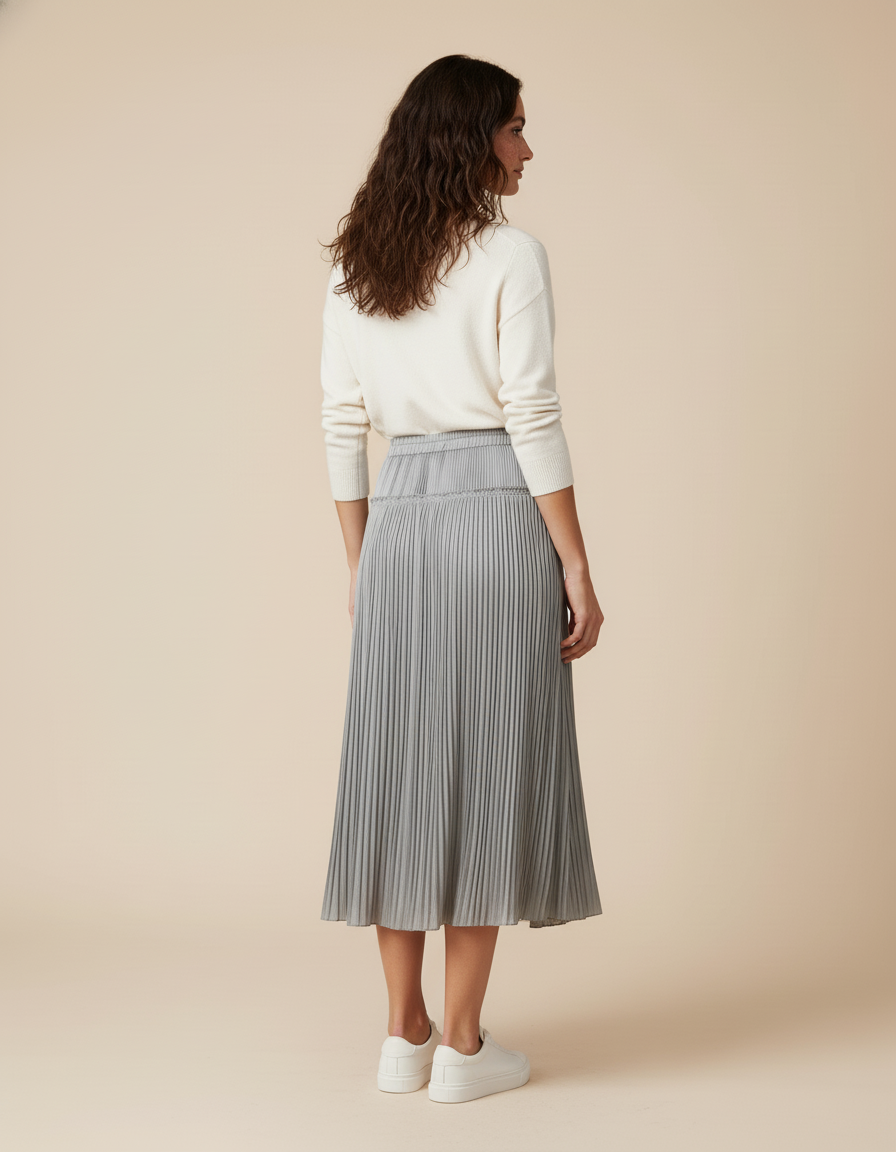 Jupe Plissée gris argent taille cordon élégante