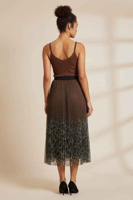 jupe longue plissée leopard kaki