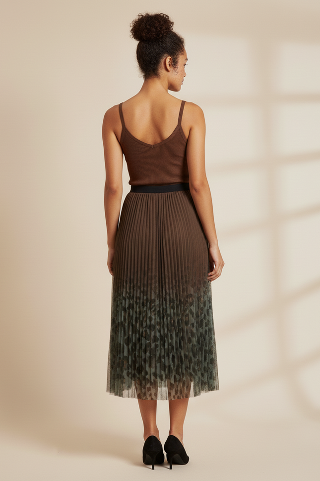 jupe longue plissée leopard kaki