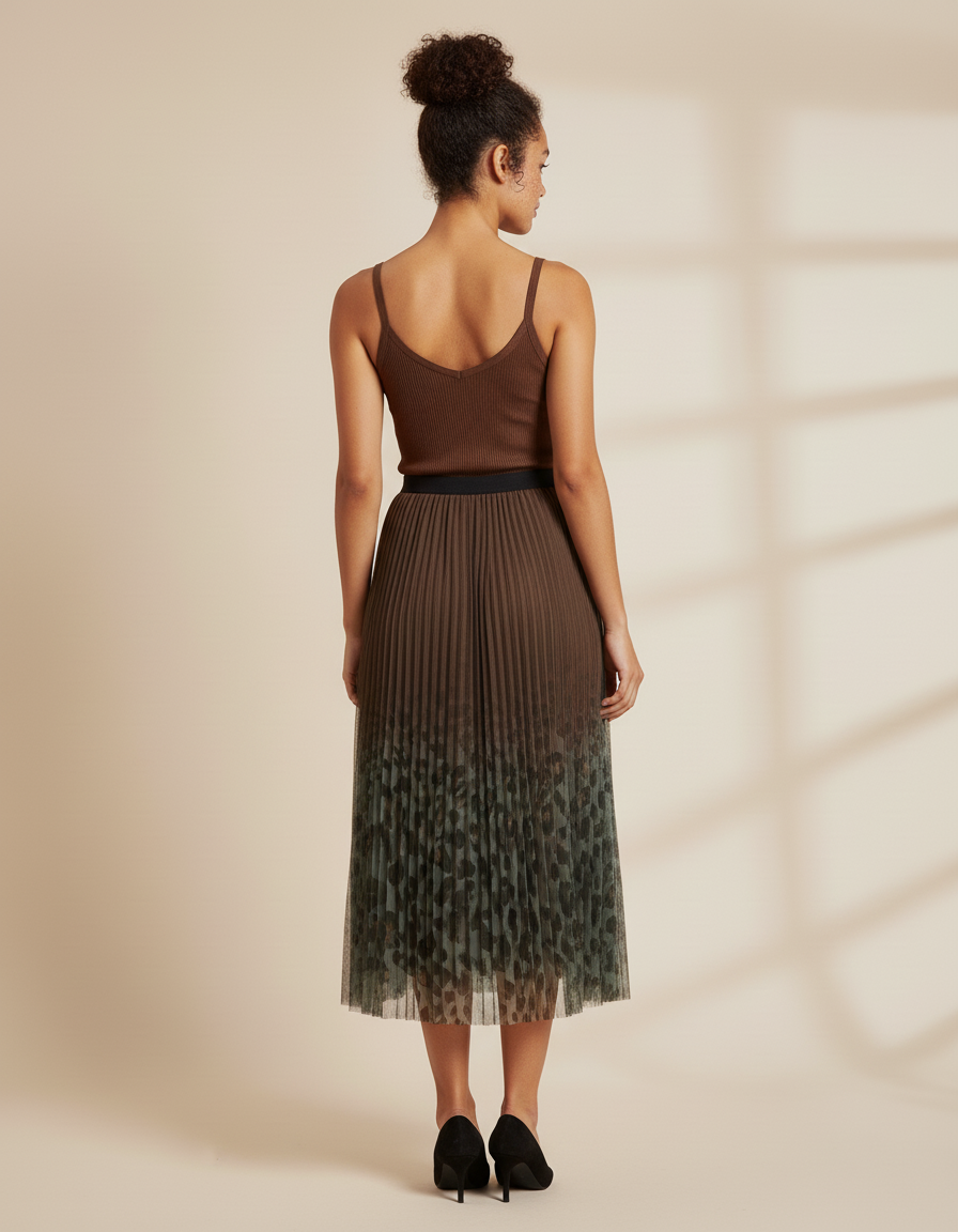 jupe longue plissée leopard kaki