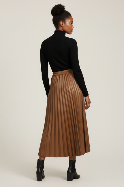 jupe plissée simili cuir marron