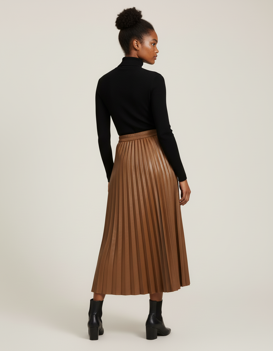 jupe plissée simili cuir marron