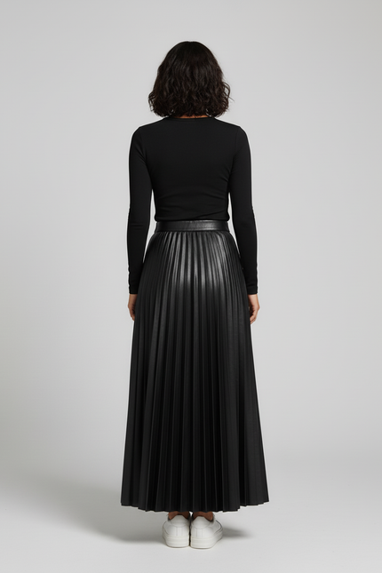 Jupe Plissée longue noire similicuir chic
