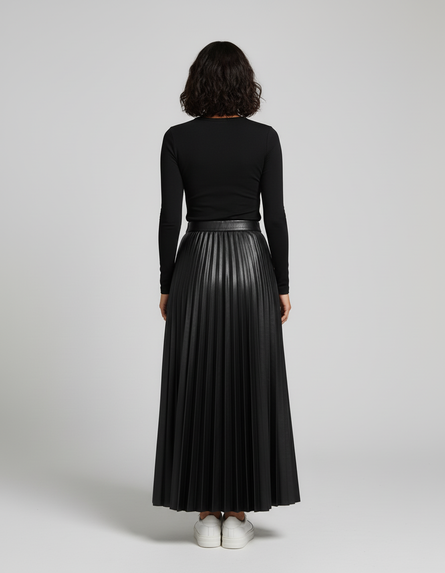 Jupe Plissée longue noire similicuir chic