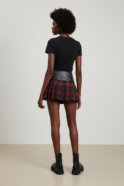 Jupe Plissée carreaux patchwork cuir Grunge