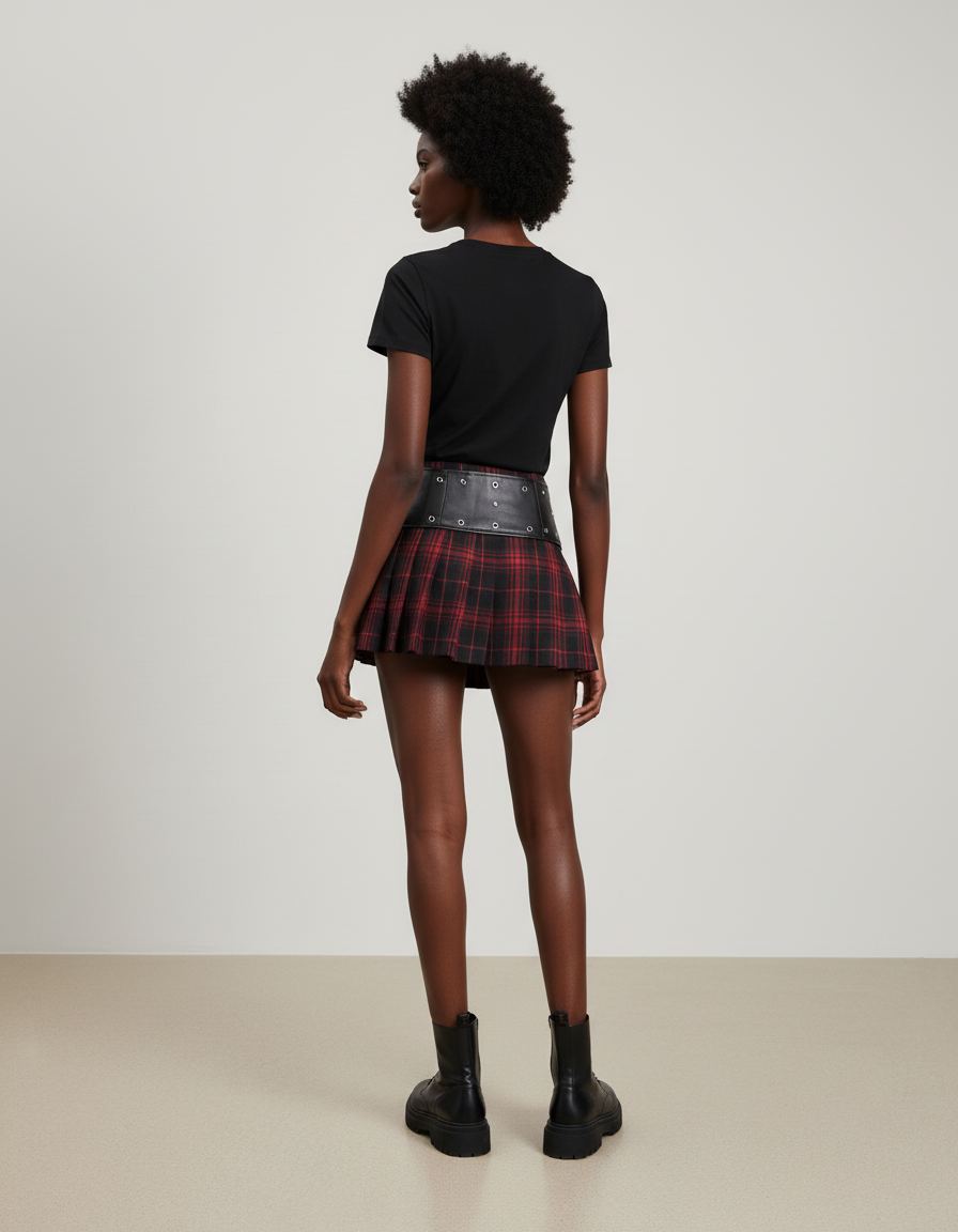Jupe Plissée carreaux patchwork cuir Grunge