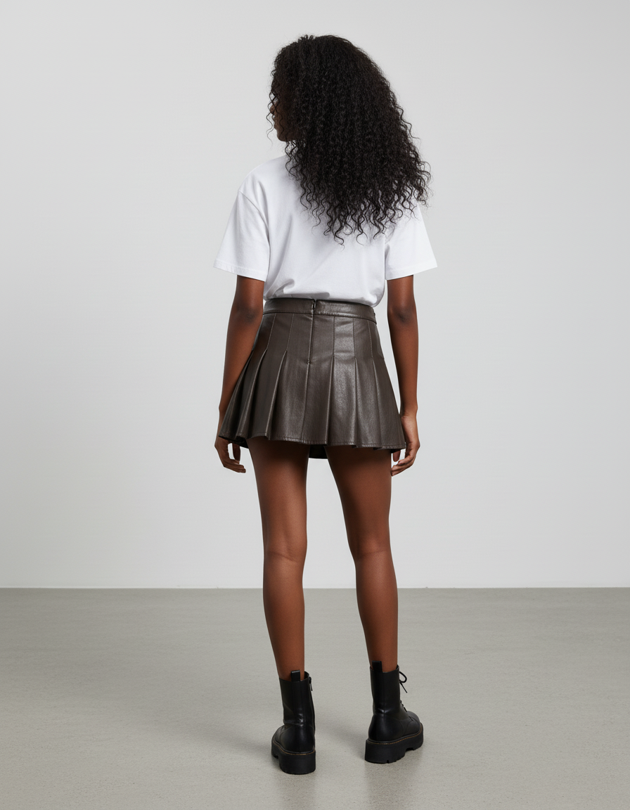 Jupe Plissée similicuir marron mini chic