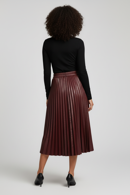 jupe plissée simili cuir bordeaux