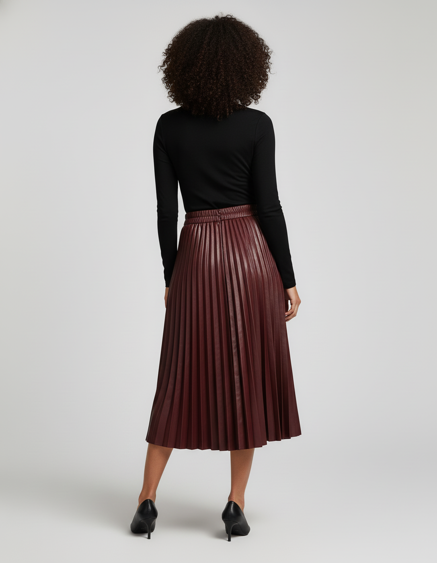 jupe plissée simili cuir bordeaux