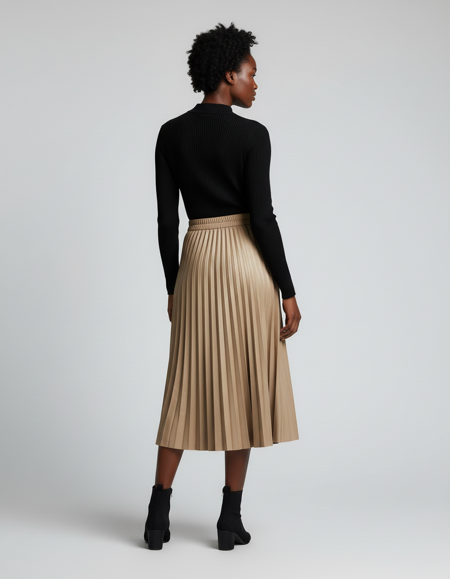 jupe plissée simili cuir beige