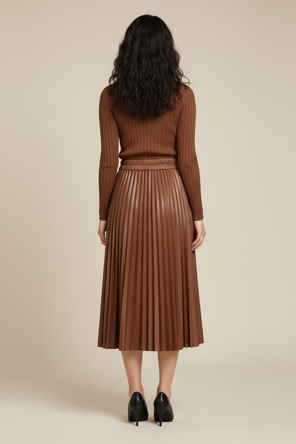 jupe plissée cuir marron