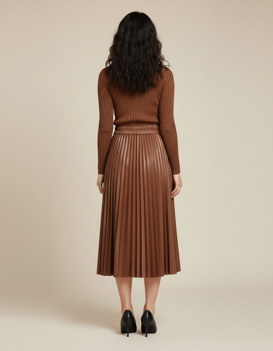 jupe plissée cuir marron