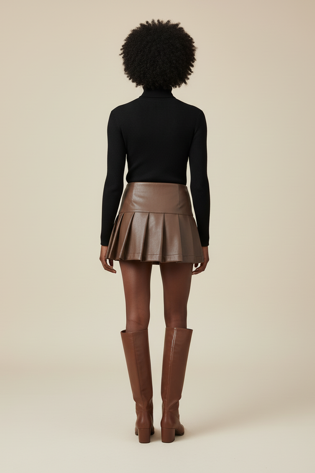 Jupe Plissée Marron Simili Cuir Chic
