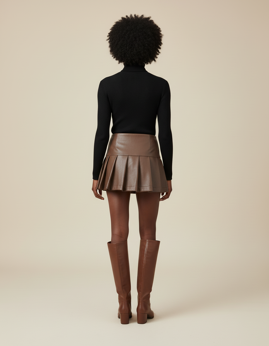 Jupe Plissée Marron Simili Cuir Chic